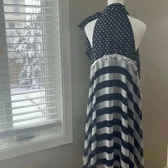 [L]Ryu Anthropologie Polka Dot Navy Blue  Whirled Tour Dress adjustable Neck Tie - Picture 9 of 16